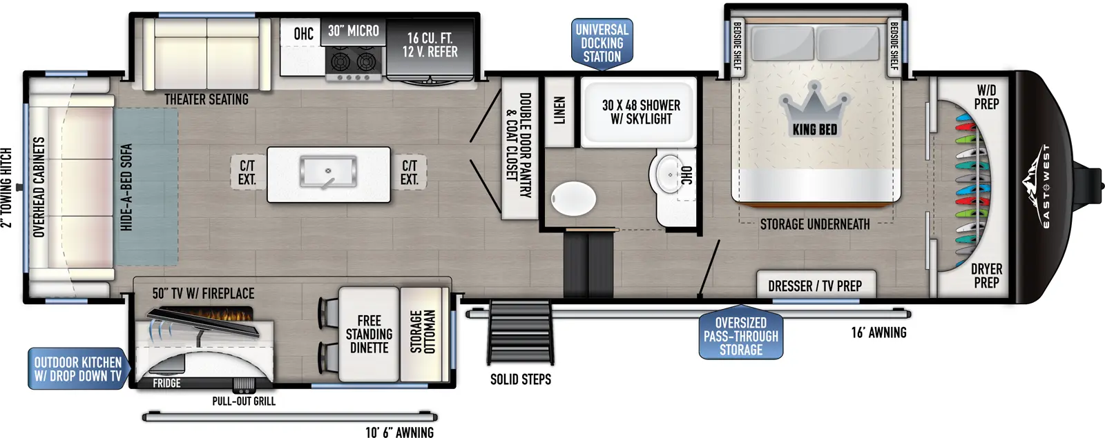The 3101RL-OK has 3 slideouts and one entry. Exterior features an oversized pass through storage, universal docking station, MORryde steps, outdoor kitchen with drop-down TV, pull-out grill and refrigerator, 10 foot 6 inch awning and 16 foot awning, and 2 inch towing hitch. Interior layout front to back: front closet with washer/dryer prep, off-door side king bed slideout with storage underneath, and door side dresser with TV prep; off-door side full bathroom with overhead cabinet, linen closet, and shower with skylight; steps down to main living area and entry; double door pantry and coat closet along inner wall; off-door side slideout with 12V refrigerator, overhead cabinet, microwave, cooktop, and theater seating; kitchen island with sink and extensions; door side slideout with free-standing dinette with storage ottoman, and TV with fireplace; rear hide-a-bed sofa and overhead cabinet.